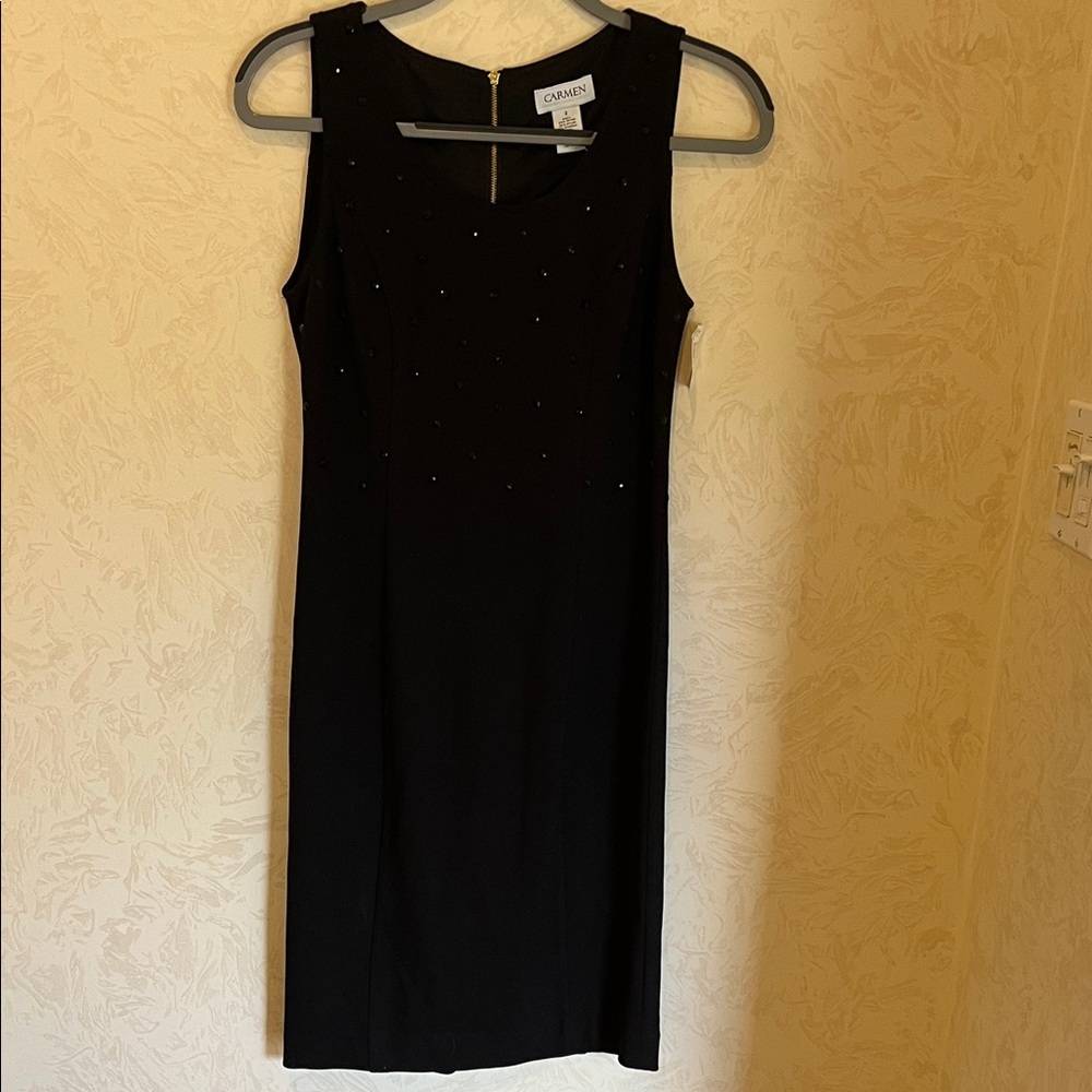 Carmen Mark Valvo Rhinestone Elegant Black Sleeveless Midi Pencil Dress